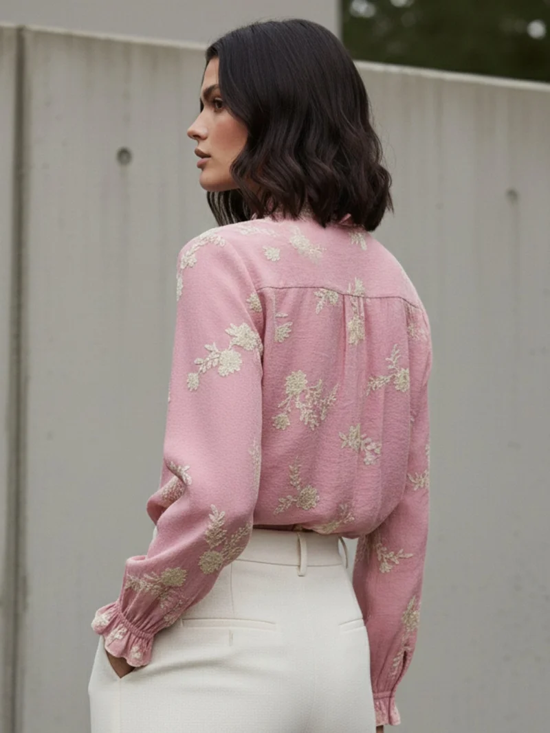 OUTZIDR Pink Pink Bishop Sleeve Front Buttoned Embroidered Top for Women | Best Price UAE